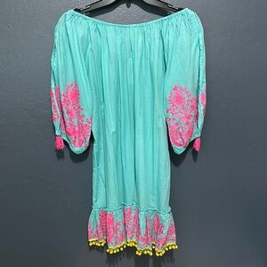 Aqua Off-Shoulder Dress coverup with Pink Embroidery